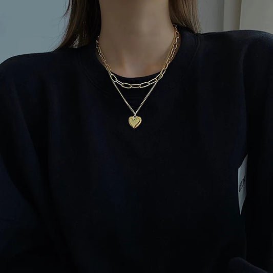 Vintage Love Heart Pendant Necklace for Women Trend Aesthetic Gold Color Metal Chain Collar Choker Party Jewelry Birthday Gifts - Glo Shop