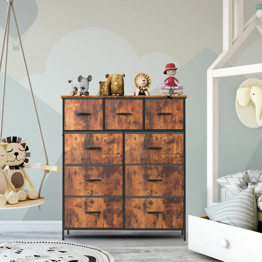 Dresser For Bedroom With 9 Fabric Storage Drawer Wardrobe Tall Chest Organizer Closet Adult Kids Clothes Wood Cabinet Furniture - Glo Shop